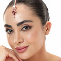 Estele Rosegold Plated Modern Circular Design Ruby Beaded Varya Maang Tikka|Dazzling American Diamond Jewelry for Women