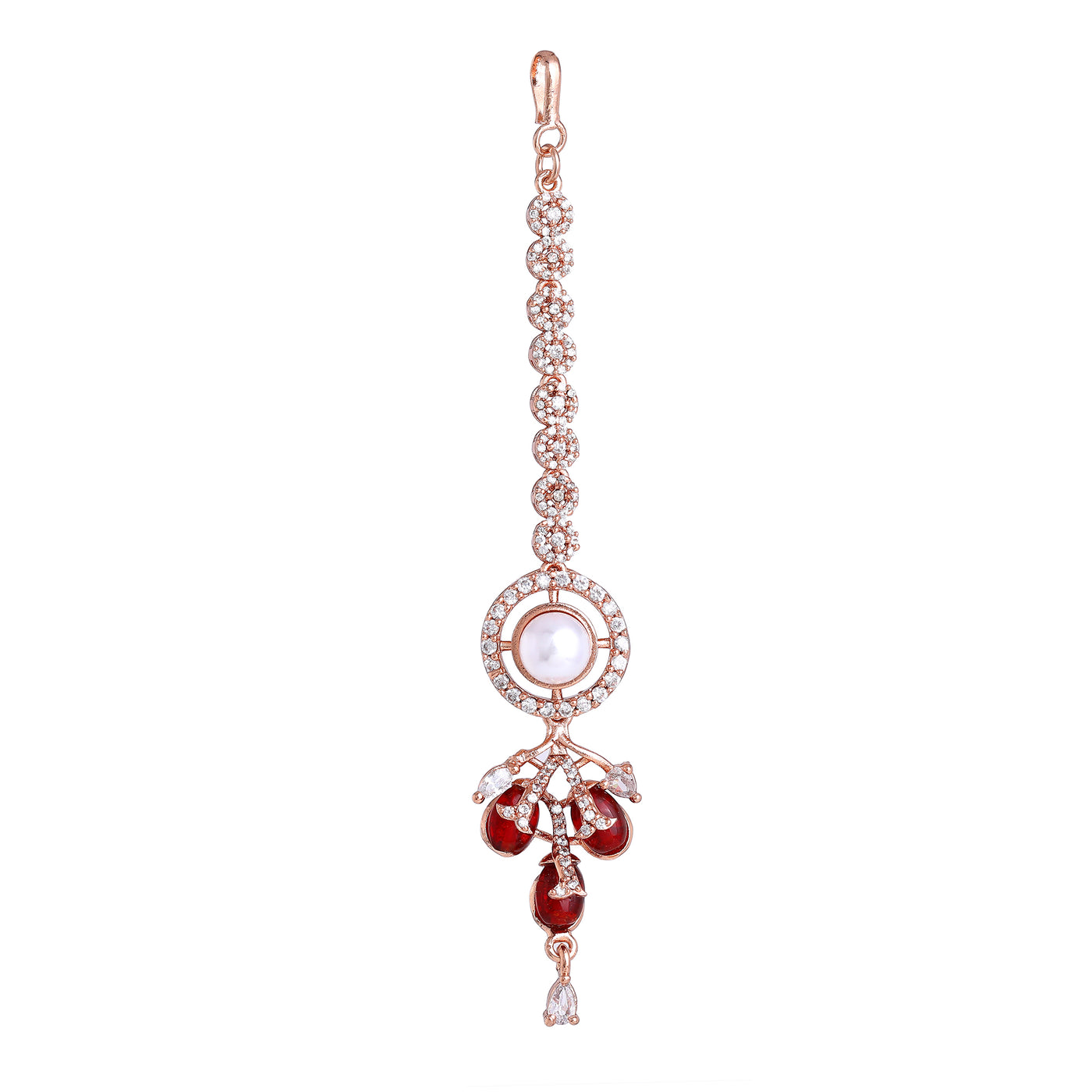 Estele Rosegold Plated Modern Circular Design Ruby Beaded Maang Tikka|Dazzling American Diamond Jewelry for Women