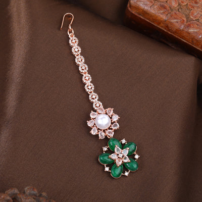 Estele Rosegold Plated Timeless Floral Varya Maang Tikka Featuring Green Beads|An Elegant Addition to Your Jewelry Collection