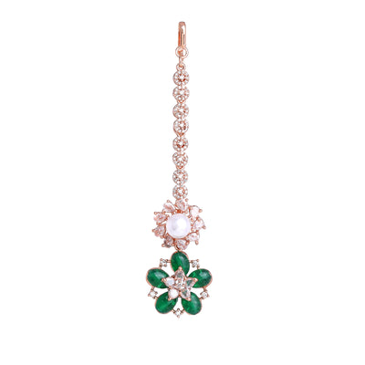 Estele Rosegold Plated Timeless Floral Varya Maang Tikka Featuring Green Beads|An Elegant Addition to Your Jewelry Collection