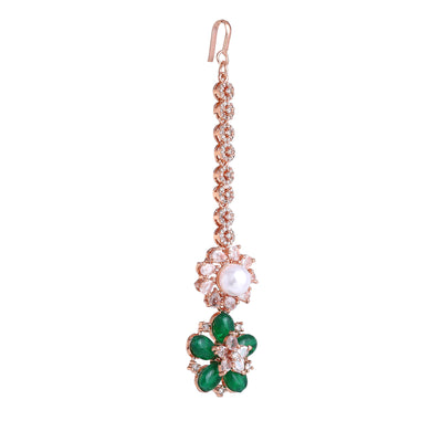 Estele Rosegold Plated Timeless Floral Varya Maang Tikka Featuring Green Beads|An Elegant Addition to Your Jewelry Collection