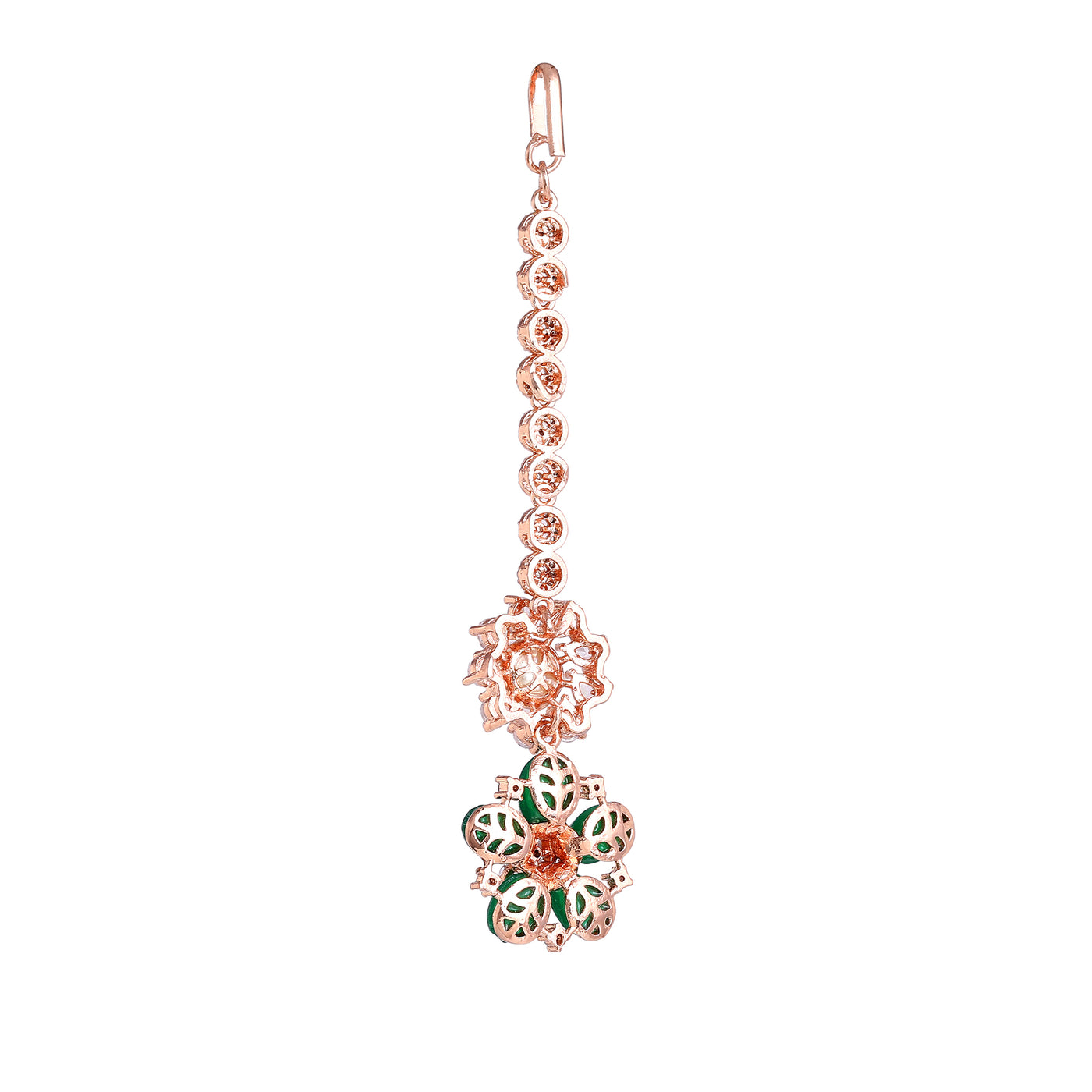 Estele Rosegold Plated Timeless Floral Varya Maang Tikka Featuring Green Beads|An Elegant Addition to Your Jewelry Collection