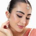 Estele Rosegold Plated Stylish Floral Pattern Varya Maang Tikka with Mint Green Beads|A Graceful Accessory for Women