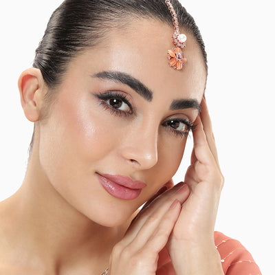 Estele Rosegold Plated Elegant Floral Pattern Varya Maang Tikka with Mint Orange|Perfect for Bridal and Traditional Attire