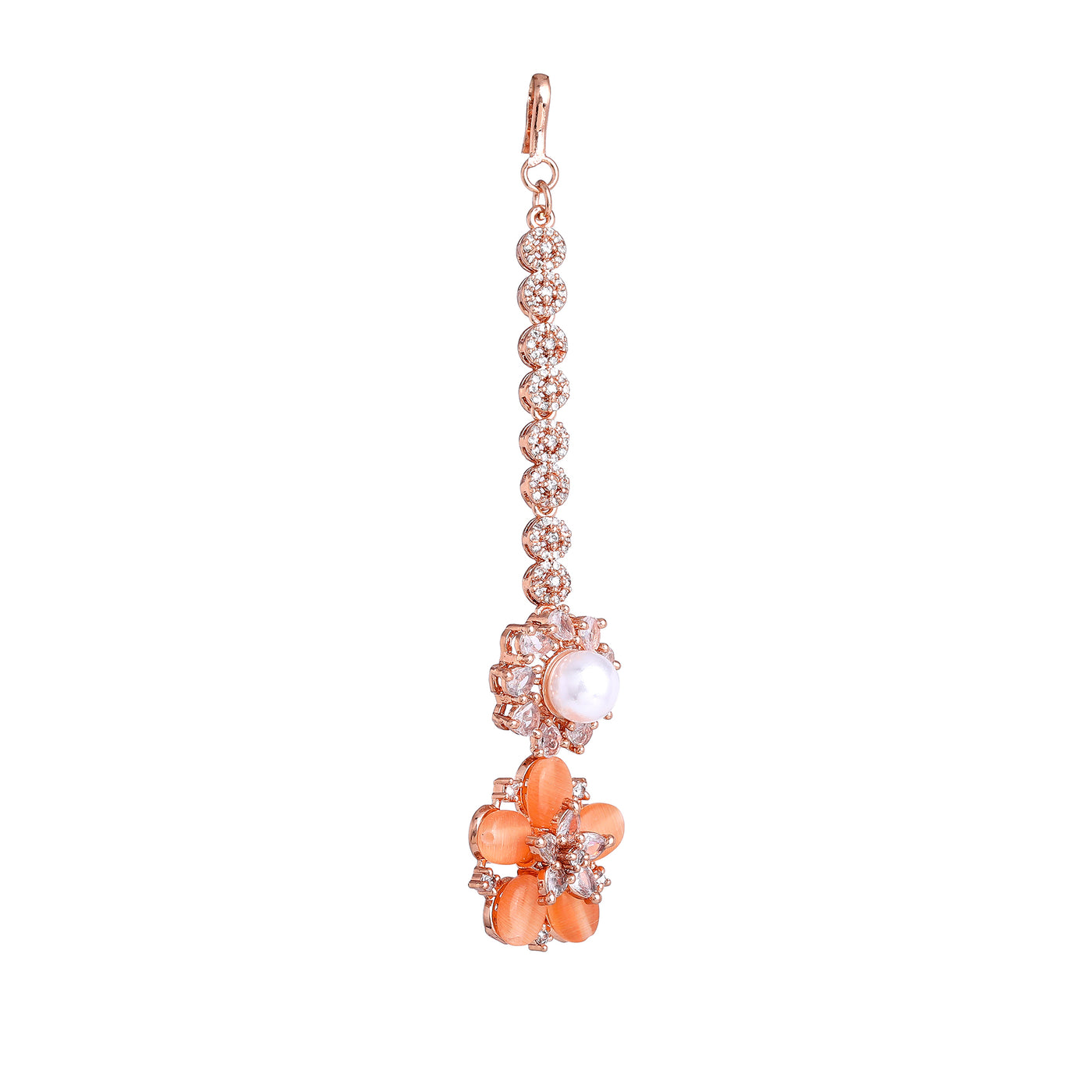 Estele Rosegold Plated Elegant Floral Pattern Varya Maang Tikka with Mint Orange|Perfect for Bridal and Traditional Attire