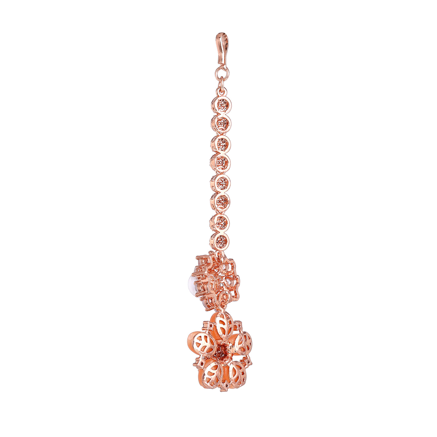 Estele Rosegold Plated Elegant Floral Pattern Varya Maang Tikka with Mint Orange|Perfect for Bridal and Traditional Attire