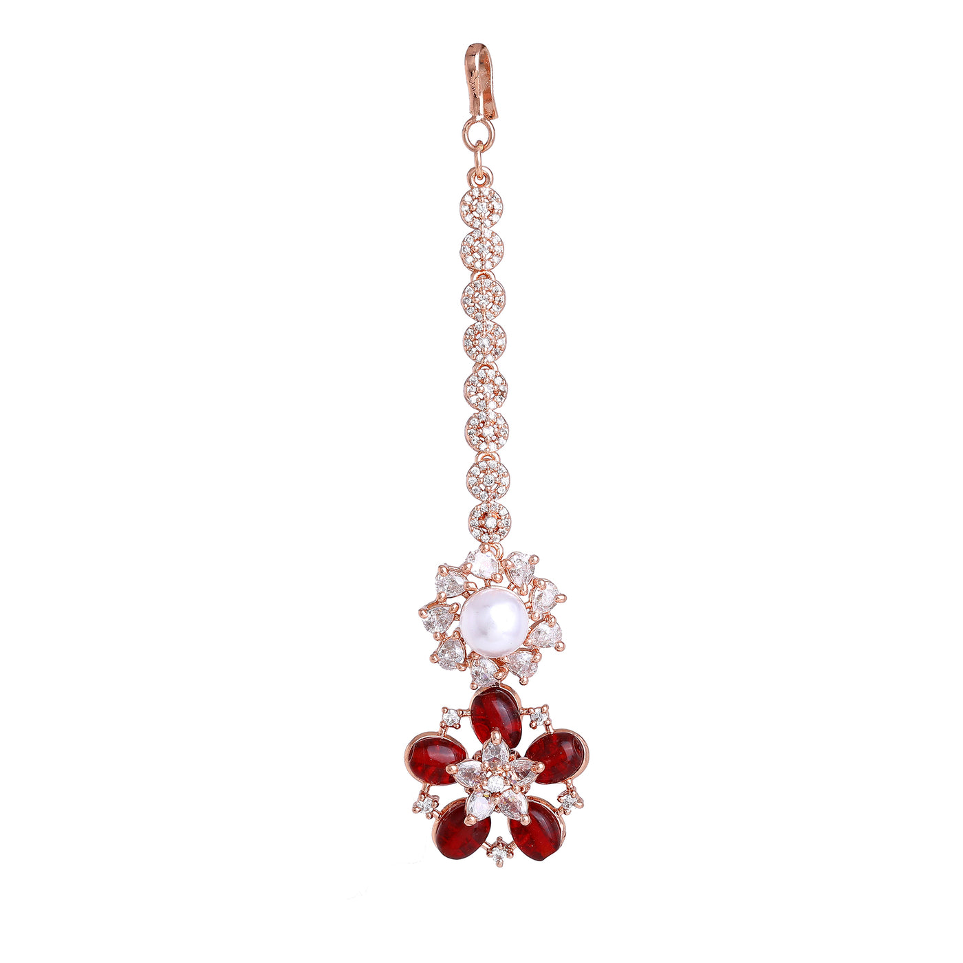 Estele Rosegold Plated Beautiful Floral Pattern Varya Maang Tikka with Ruby Beads|A Statement Accessory for Women’s Ethnic Wear