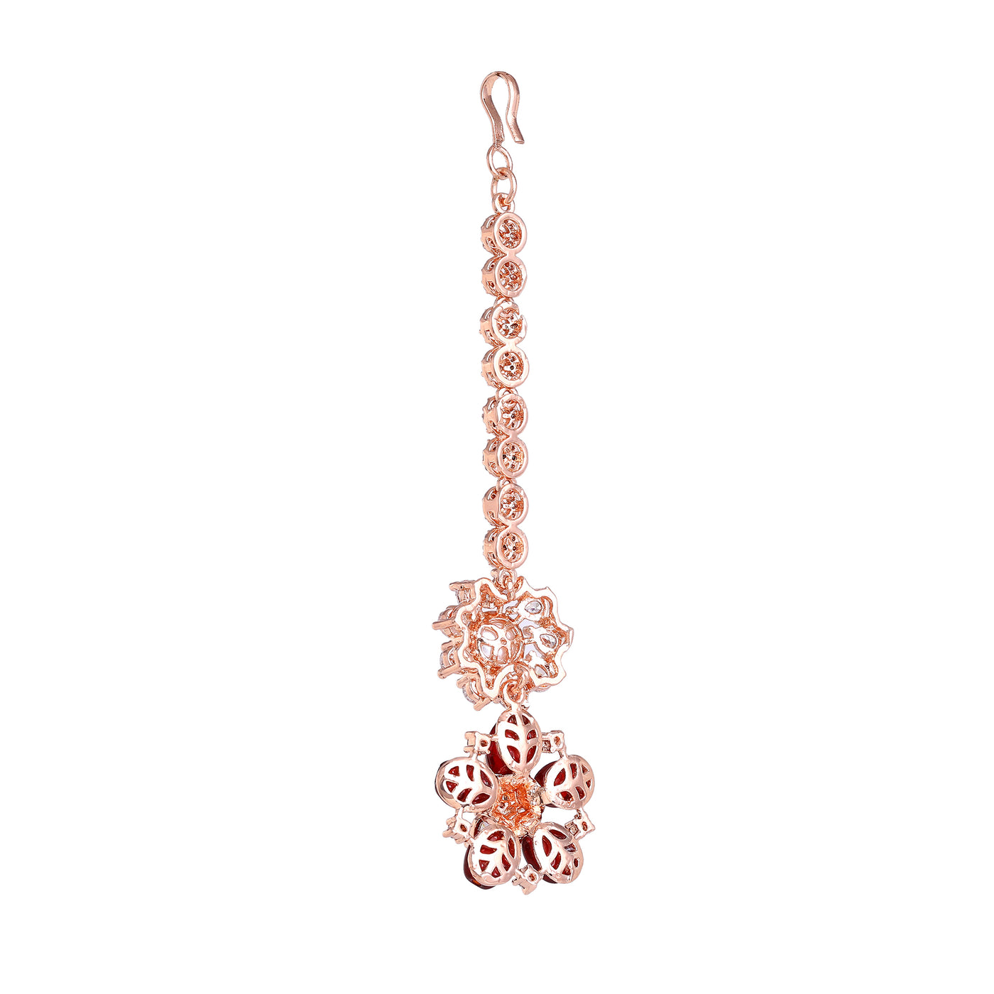 Estele Rosegold Plated Beautiful Floral Pattern Varya Maang Tikka with Ruby Beads|A Statement Accessory for Women’s Ethnic Wear