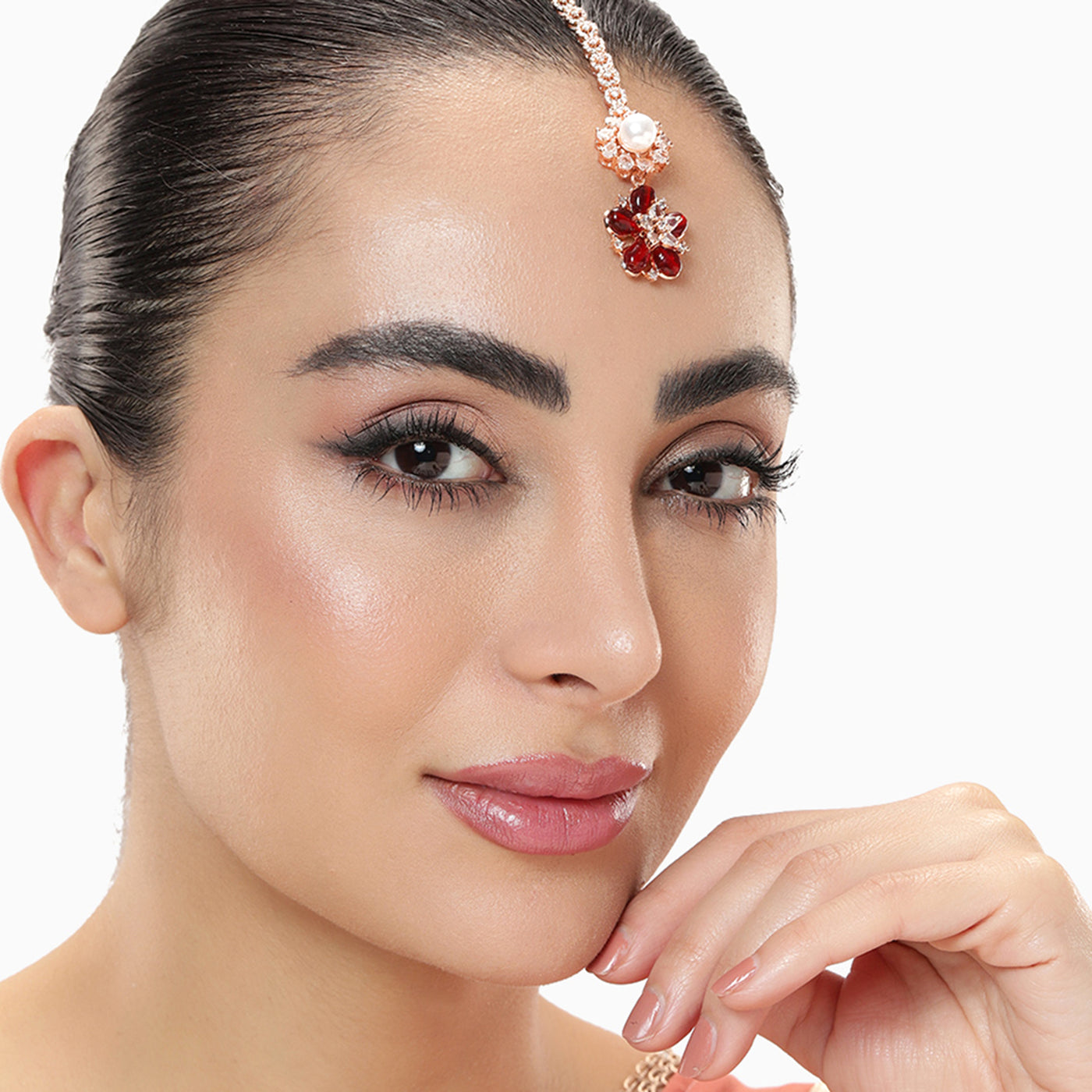 Estele Rosegold Plated Beautiful Floral Pattern Varya Maang Tikka with Ruby Beads|A Statement Accessory for Women’s Ethnic Wear