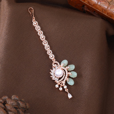 Estele Rosegold Plated Shiny Mint Green Beads Accented Varya Maang Tikka|Modern Charm with Classic Beauty for Women