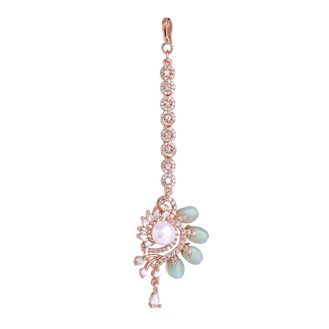 Estele Rosegold Plated Shiny Mint Green Beads Accented Varya Maang Tikka|Modern Charm with Classic Beauty for Women