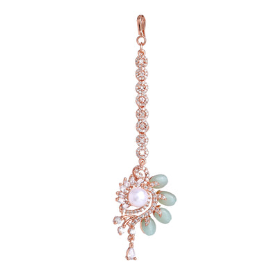 Estele Rosegold Plated Shiny Mint Green Beads Accented Varya Maang Tikka|Modern Charm with Classic Beauty for Women