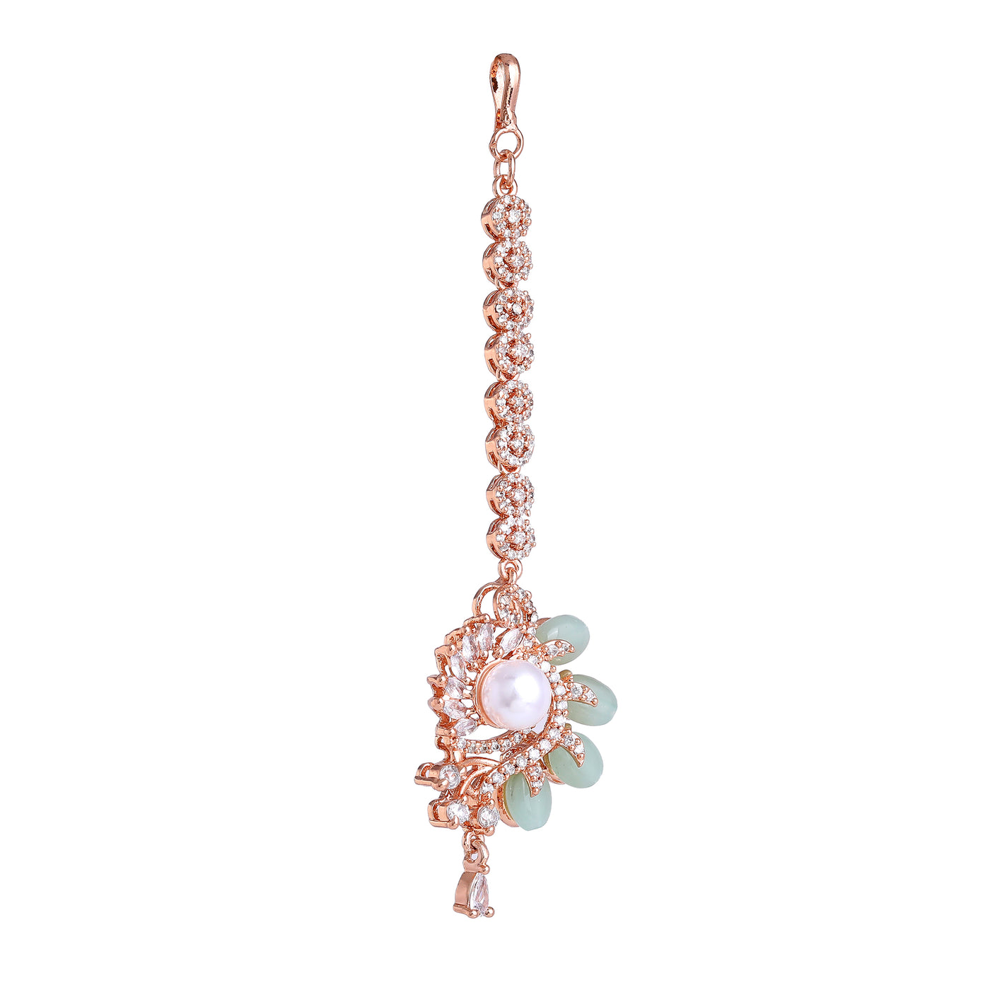 Estele Rosegold Plated Shiny Mint Green Beads Accented Varya Maang Tikka|Modern Charm with Classic Beauty for Women