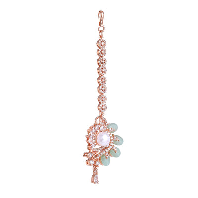 Estele Rosegold Plated Shiny Mint Green Beads Accented Varya Maang Tikka|Modern Charm with Classic Beauty for Women