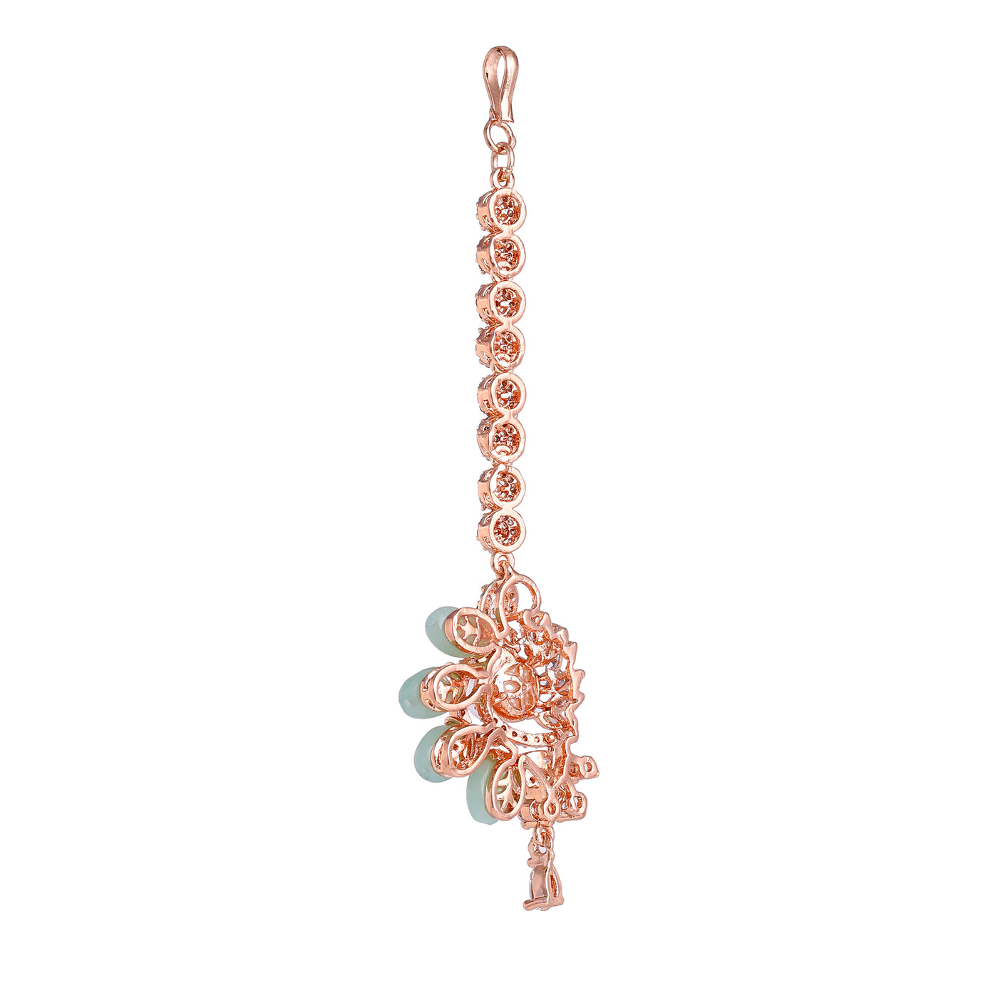 Estele Rosegold Plated Shiny Mint Green Beads Accented Varya Maang Tikka|Modern Charm with Classic Beauty for Women