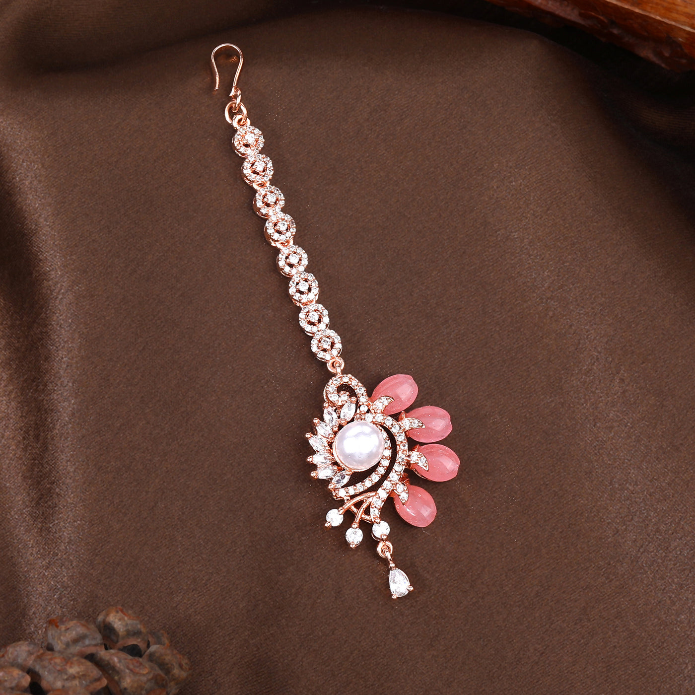 Estele Rosegold Plated Glossy Mint Pink Beaded Traditional Varya Maang Tikka with Stunning American Diamonds for Women