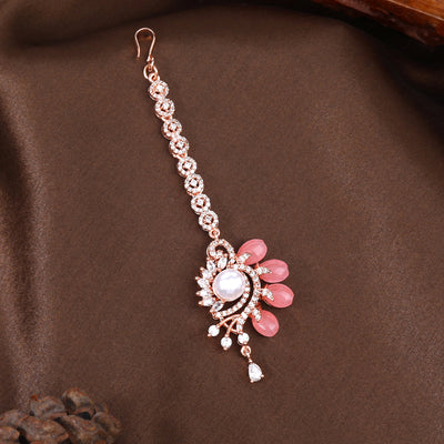 Estele Rosegold Plated Glossy Mint Pink Beaded Traditional Varya Maang Tikka with Stunning American Diamonds for Women