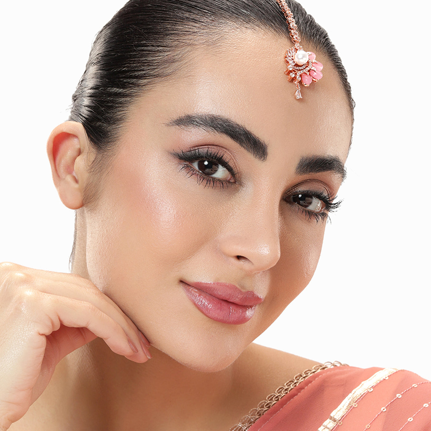 Estele Rosegold Plated Glossy Mint Pink Beaded Traditional Varya Maang Tikka with Stunning American Diamonds for Women