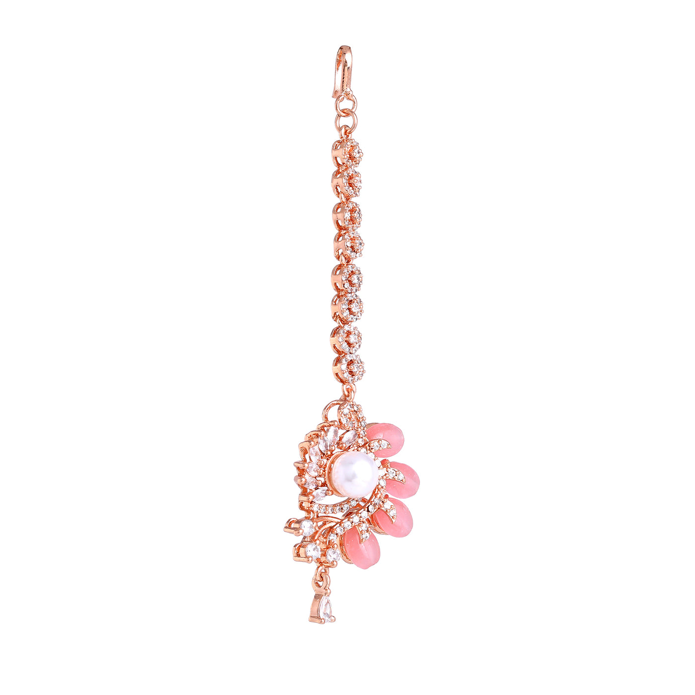 Estele Rosegold Plated Glossy Mint Pink Beaded Traditional Varya Maang Tikka with Stunning American Diamonds for Women