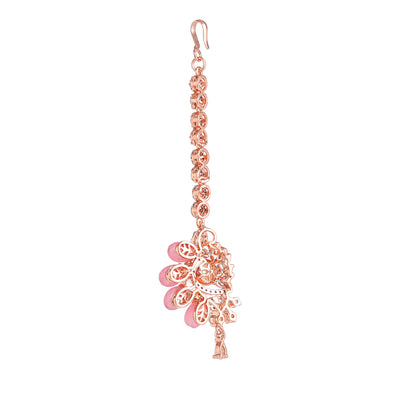 Estele Rosegold Plated Glossy Mint Pink Beaded Traditional Varya Maang Tikka with Stunning American Diamonds for Women