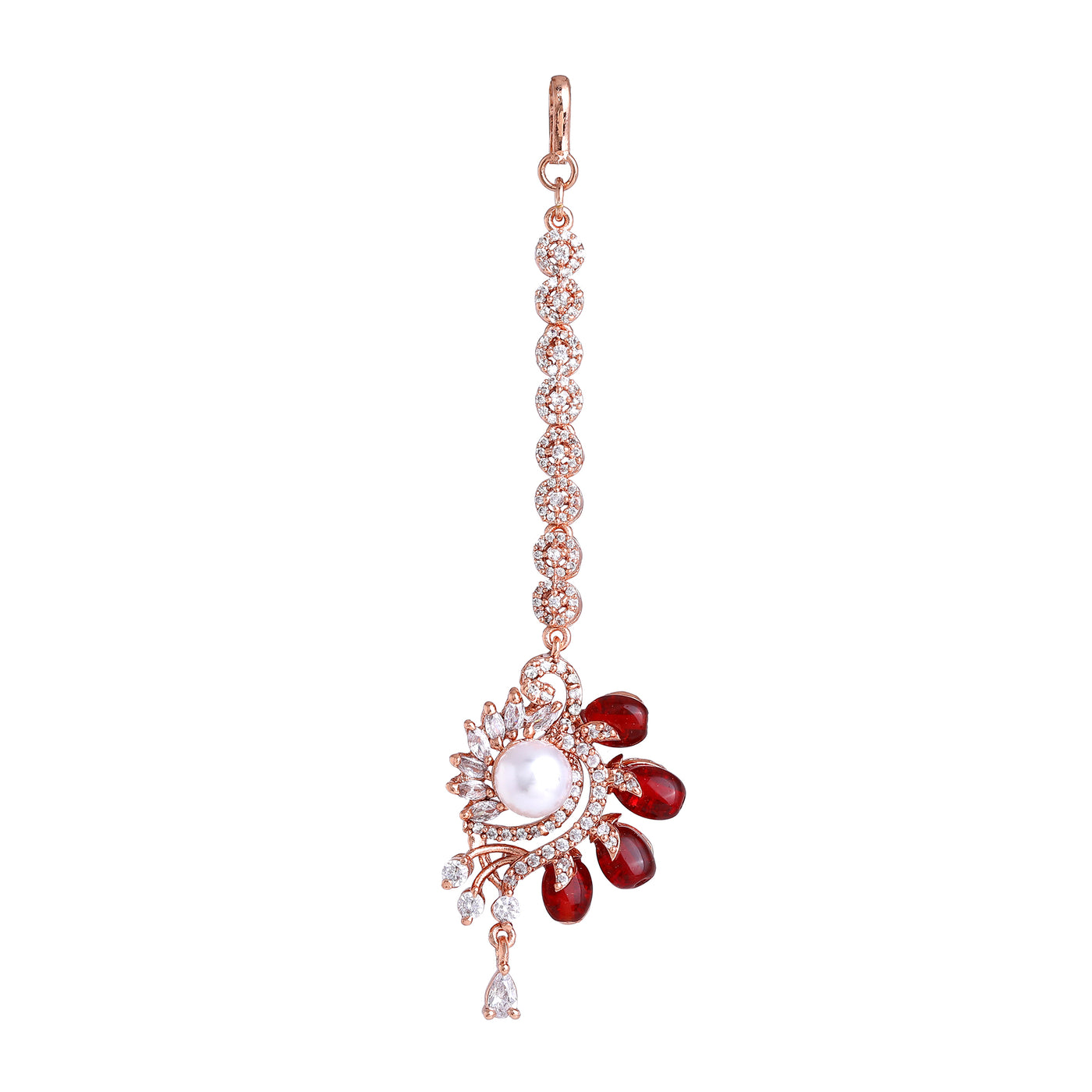 Estele Rosegold Plated Exquisite American Diamond & Ruby Beads Enhanced Varya Maang Tikka|Perfect for Women's Glamorous Look