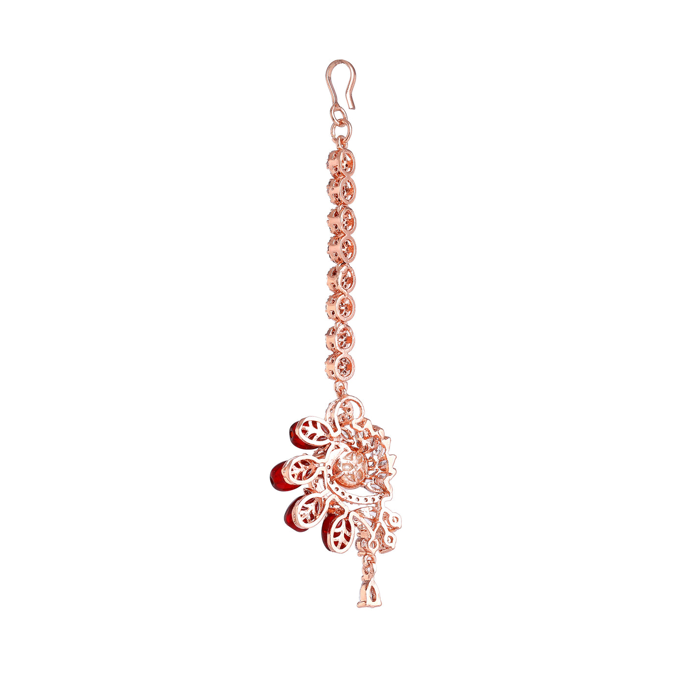 Estele Rosegold Plated Exquisite American Diamond & Ruby Beads Enhanced Varya Maang Tikka|Perfect for Women's Glamorous Look