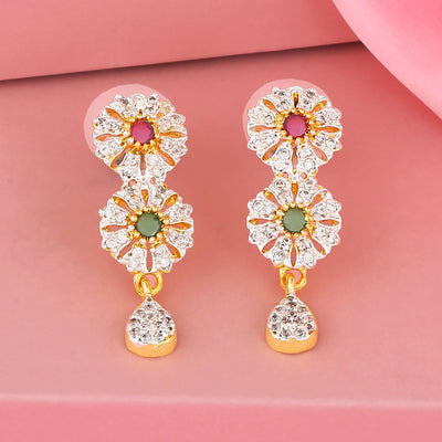 Estele Gold Plated American Diamond Red and green Flower Dangle Earrings for women