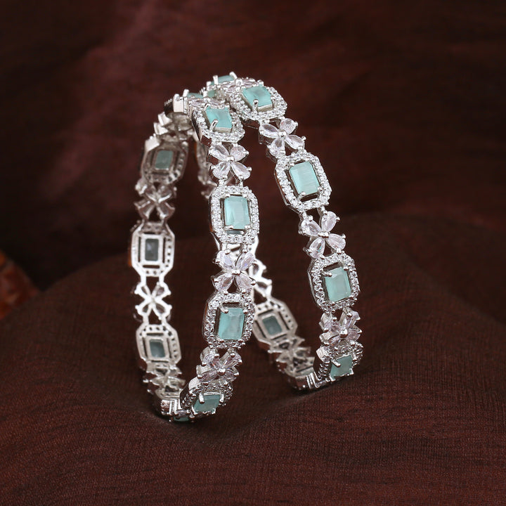 Estele Rhodium Plated CZ Floral  Designer Bangles with Mint Green Stones for Women