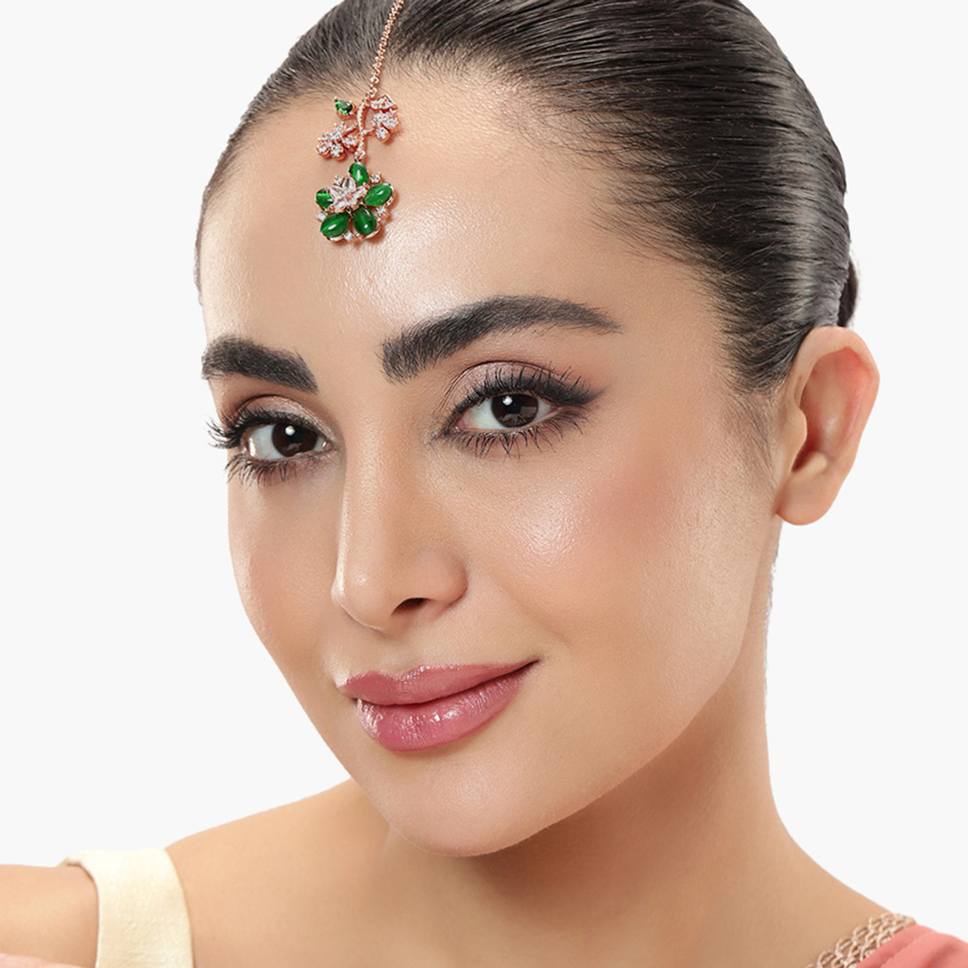 Estele Rosegold Plated Floral and Leaf-Designer Green Beaded Maang Tikka|A Beautiful Headpiece for Modern Brides