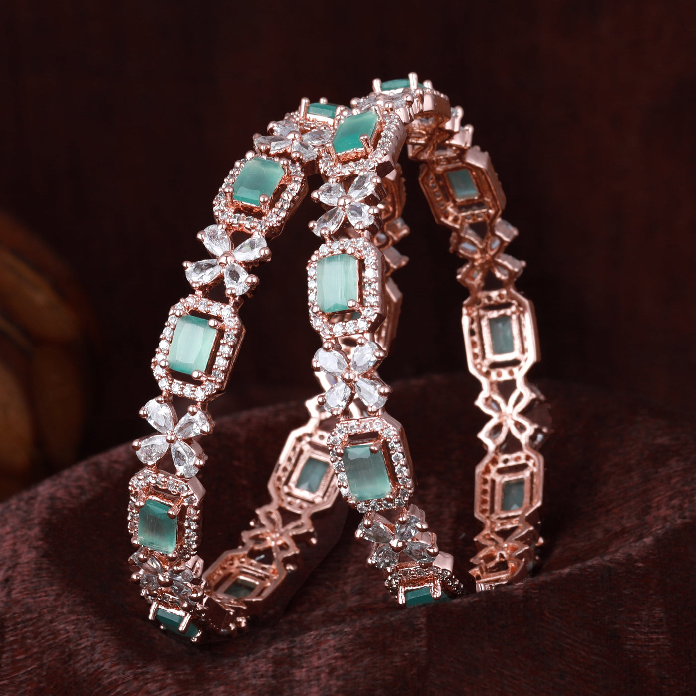 Estele Rose Gold Plated CZ Floral  Designer Bangles with Mint Green Stones for Women