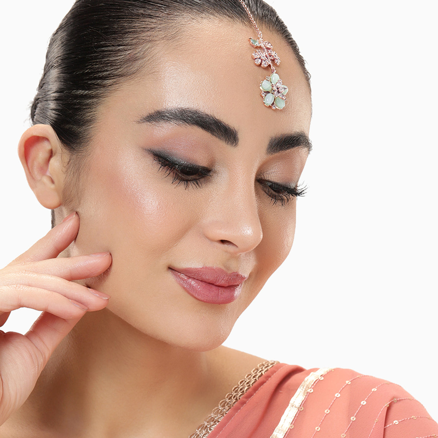 Estele Rosegold Plated Stylish Leafy Floral Designer Varya Maang Tikka with Mint Green Beads|A Refined Choice for Trendy Women