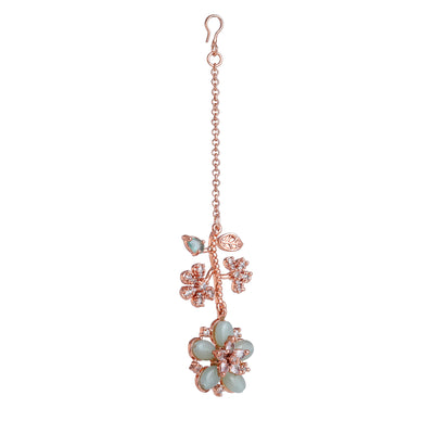 Estele Rosegold Plated Stylish Leafy Floral Designer Varya Maang Tikka with Mint Green Beads|A Refined Choice for Trendy Women