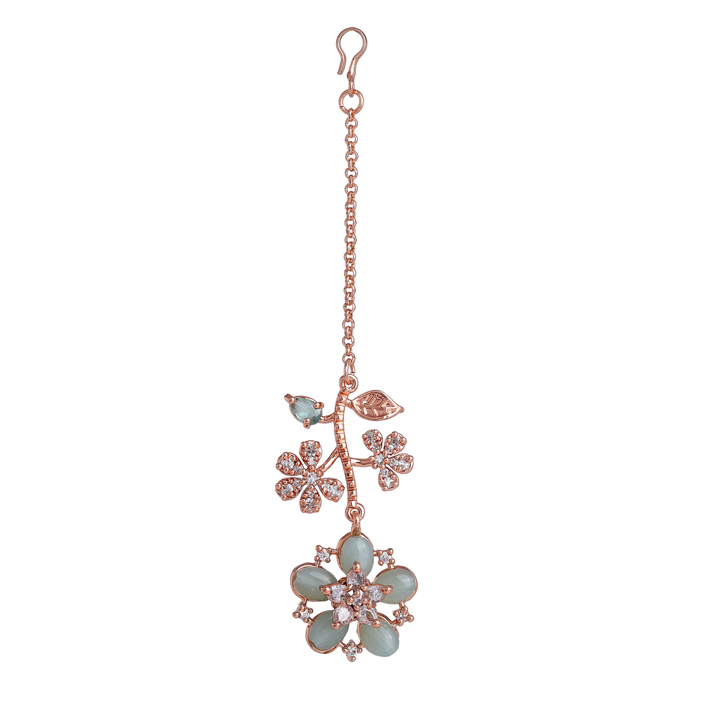 Estele Rosegold Plated Stylish Leafy Floral Designer Varya Maang Tikka with Mint Green Beads|A Refined Choice for Trendy Women