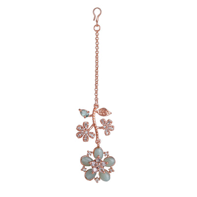 Estele Rosegold Plated Stylish Leafy Floral Designer Varya Maang Tikka with Mint Green Beads|A Refined Choice for Trendy Women