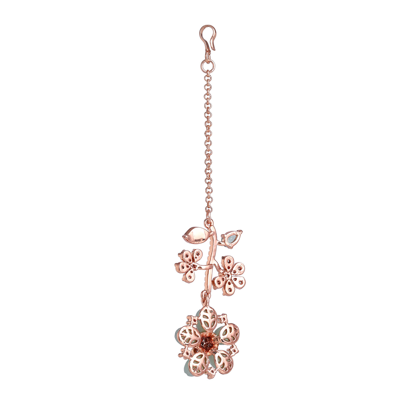 Estele Rosegold Plated Stylish Leafy Floral Designer Varya Maang Tikka with Mint Green Beads|A Refined Choice for Trendy Women