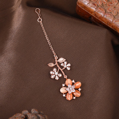 Estele Rosegold Plated Floral Motif Enhanced Mint Orange Beaded Maang Tikka|A Stylish Ornament for Trendy Women