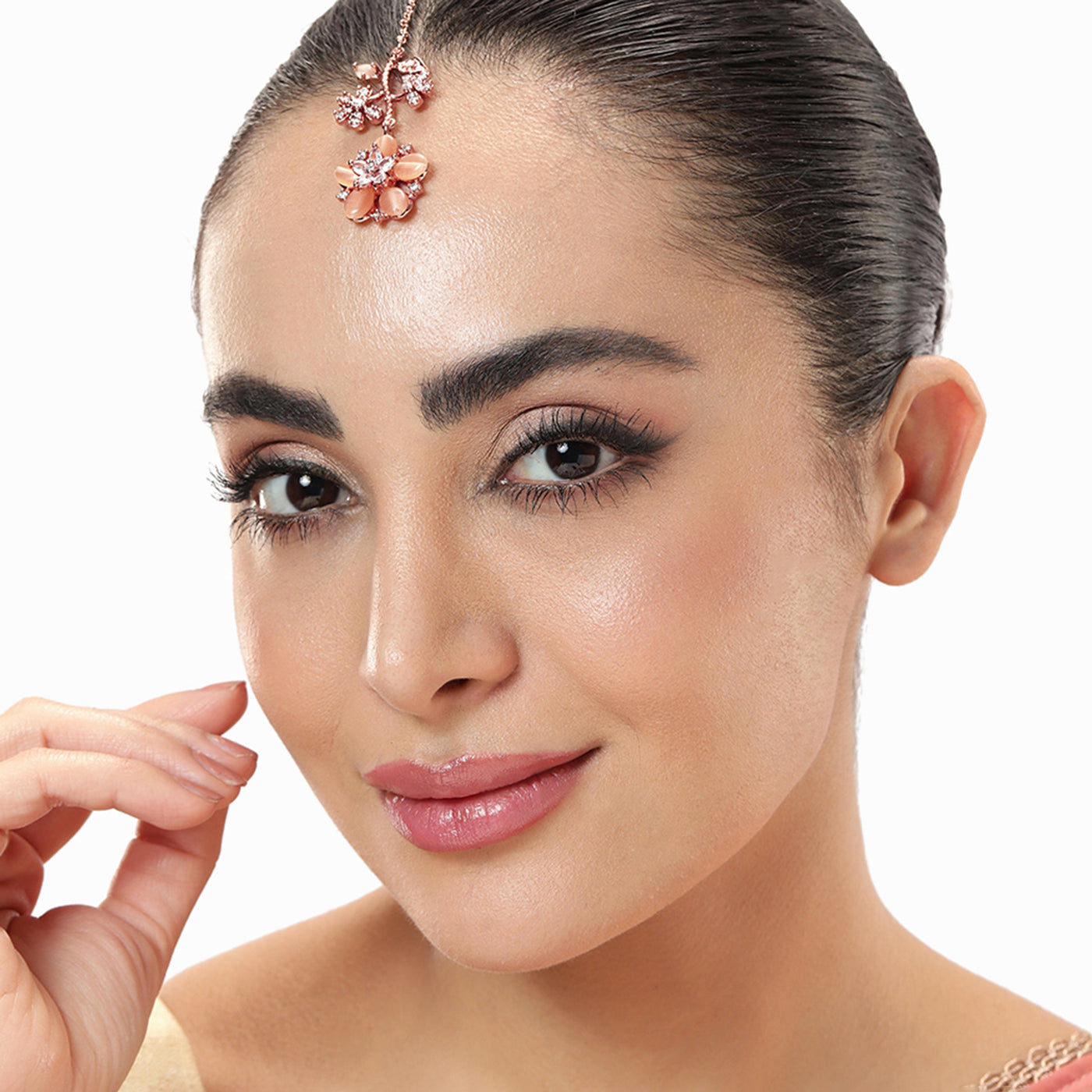 Estele Rosegold Plated Floral Motif Enhanced Mint Orange Beaded Maang Tikka|A Stylish Ornament for Trendy Women