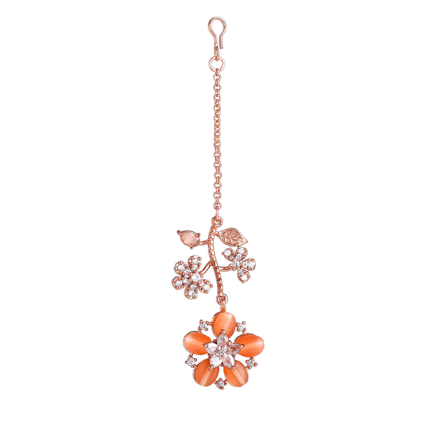 Estele Rosegold Plated Floral Motif Enhanced Mint Orange Beaded Maang Tikka|A Stylish Ornament for Trendy Women