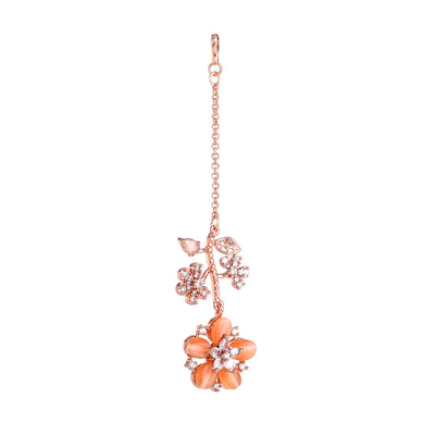 Estele Rosegold Plated Floral Motif Enhanced Mint Orange Beaded Maang Tikka|A Stylish Ornament for Trendy Women