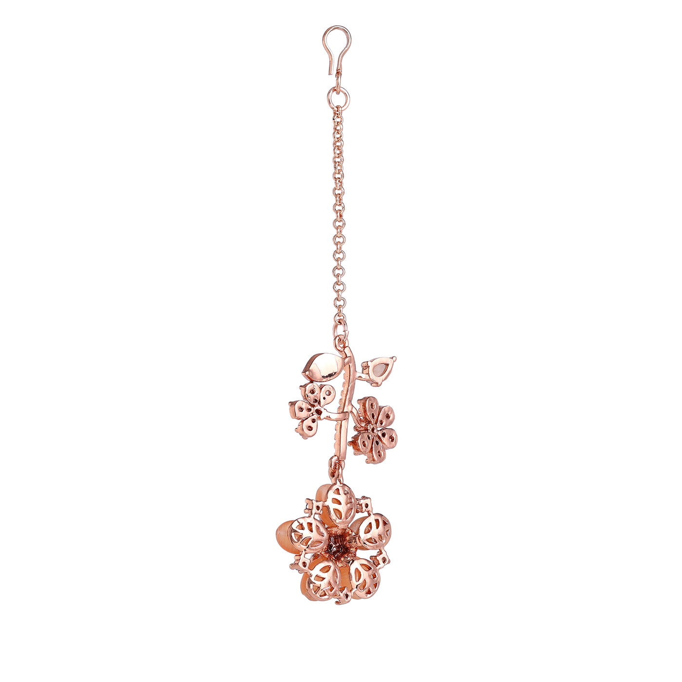 Estele Rosegold Plated Floral Motif Enhanced Mint Orange Beaded Maang Tikka|A Stylish Ornament for Trendy Women