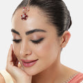 Estele Rosegold Plated Leafy Ruby Beaded Varya Maang Tikka with Floral Accents for Women|A Stylish Blend of Floral Grace