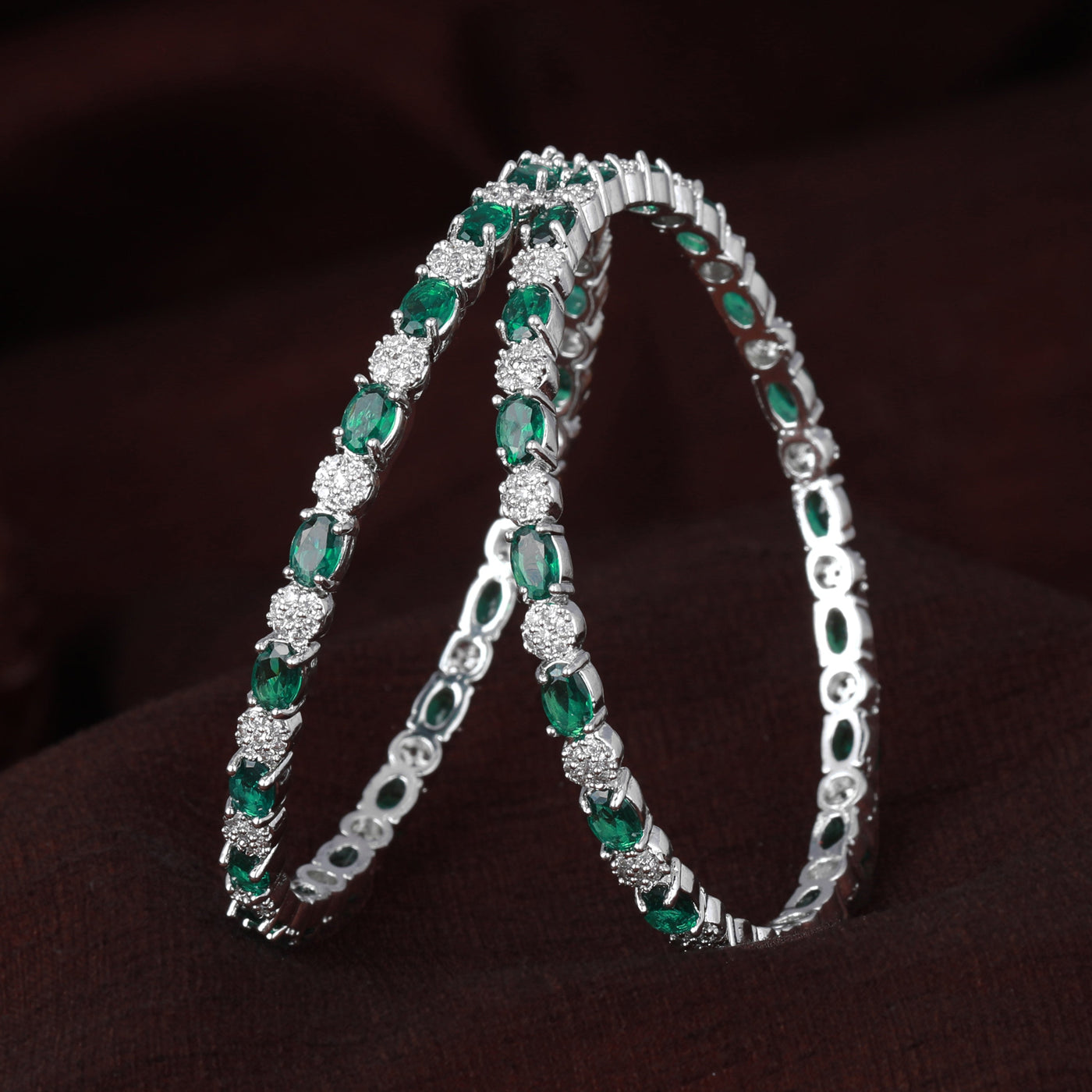 Estele Rhodium Plated CZ Splendid Designer Bangles with Green Stones for Women