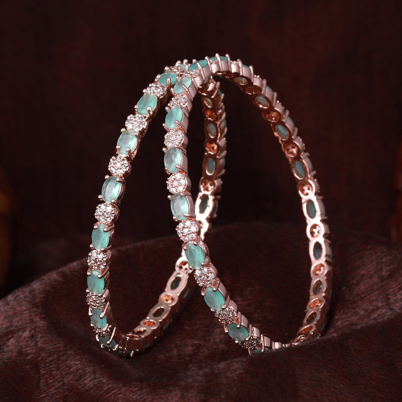 Estele Rose Gold Plated CZ Splendid Designer Bangles with Mint Green Stones for Women