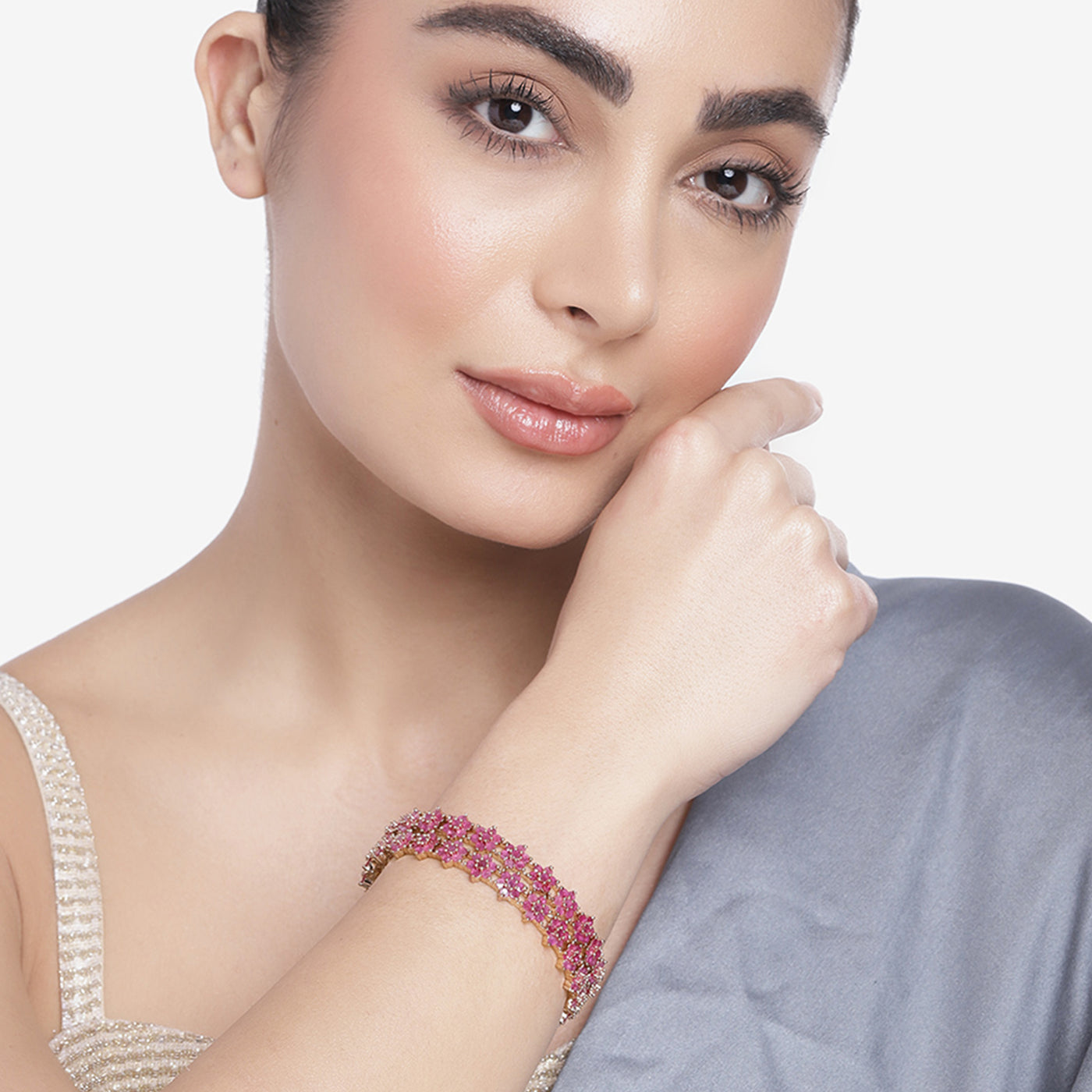 Estele Rosegold Plated Luxurious Floral Motif Ruby American Diamond Bangles | Available in 2:4, 2:6, & 2:8 Sizes |A Sparkling Choice for Womens Classic Look