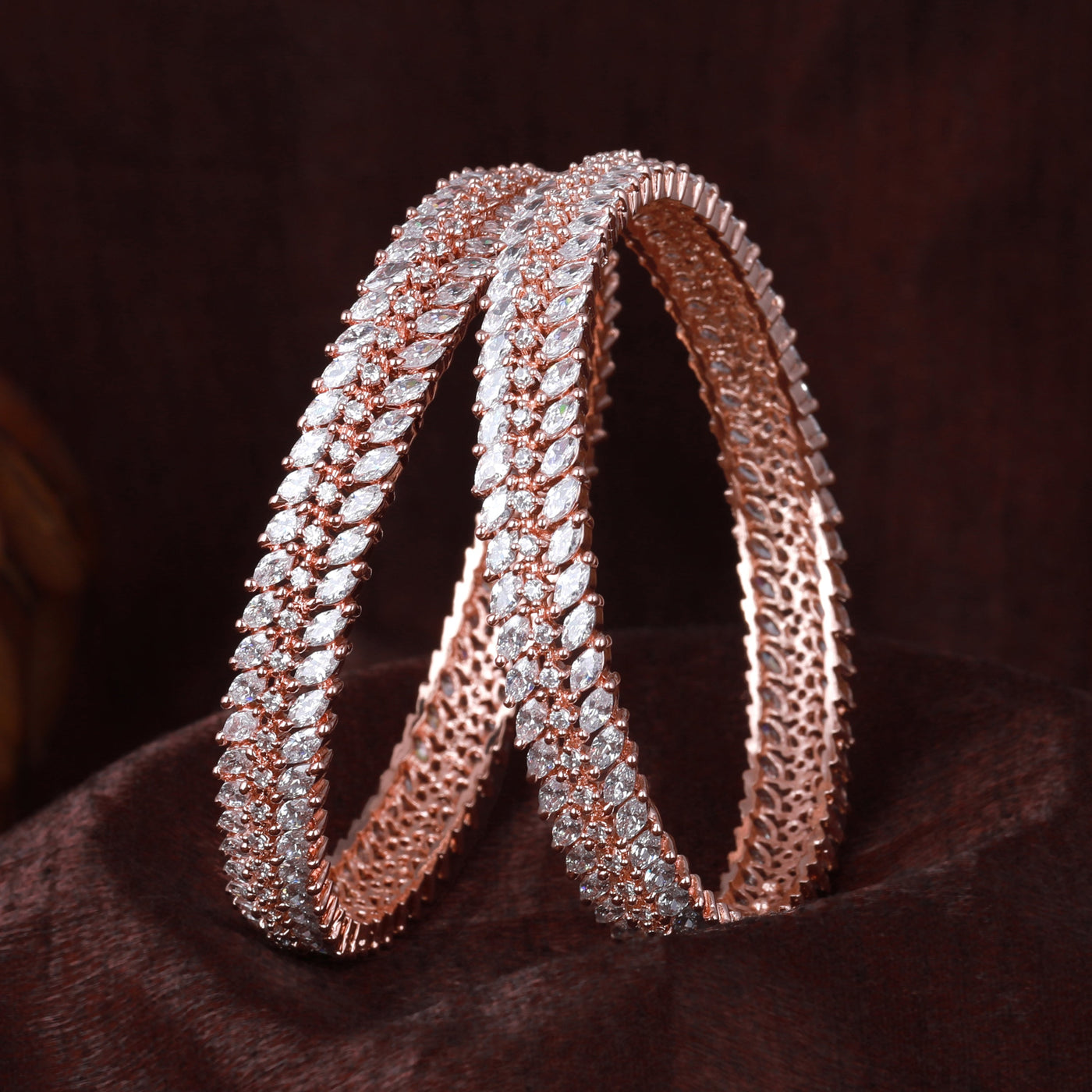 Estele Rose Gold Plated CZ Shimmering Bangles with White Stones for Women