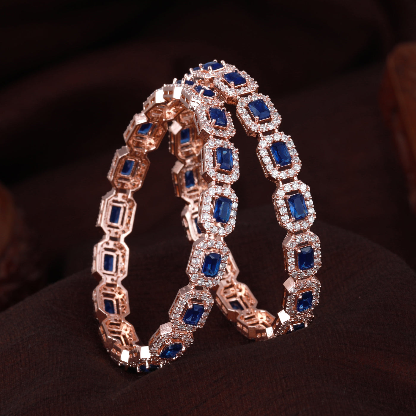 Estele Rose Gold Plated CZ Astonishing Bangles with Blue Stones for Women