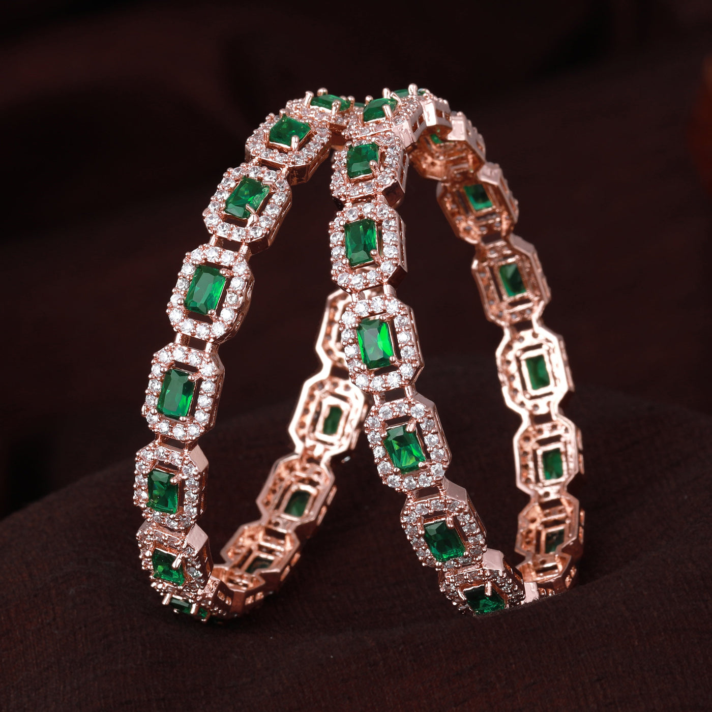 Estele Rose Gold Plated CZ Astonishing Bangles with Green Stones for Women