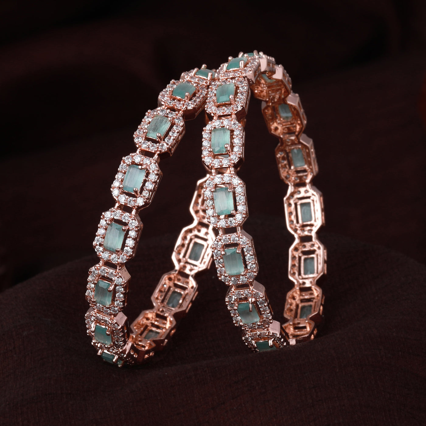 Estele Rose Gold Plated CZ Astonishing Bangles with Mint Green Stones for Women