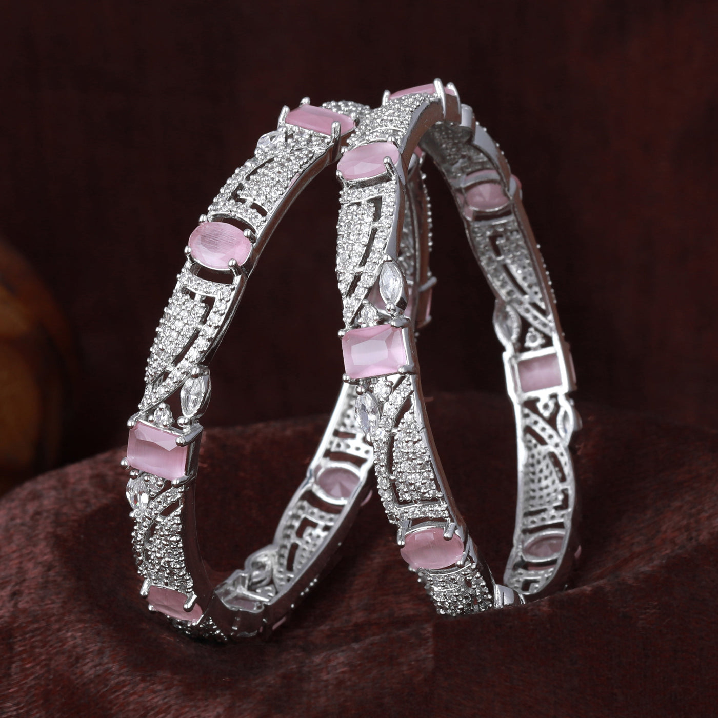 Estele Rhodium Plated CZ Scintillating Designer Bangles with Mint Pink Stones for Women