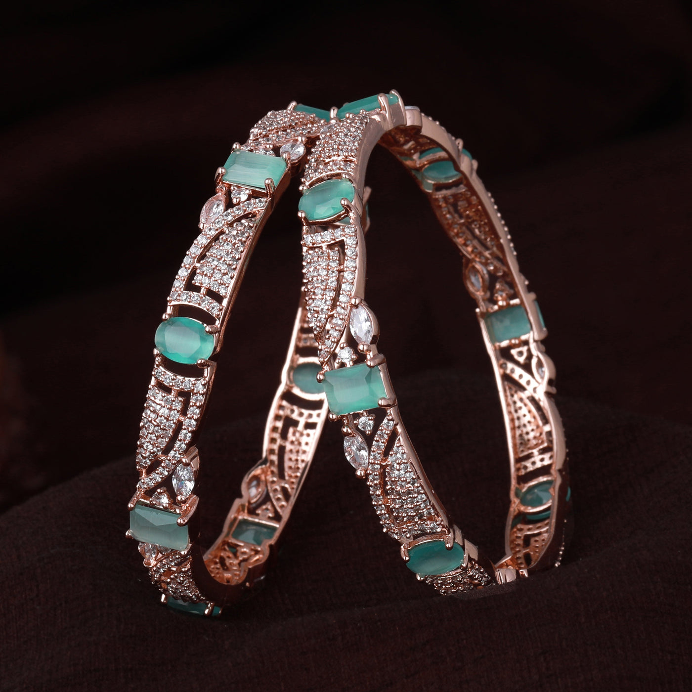 Estele Rose Gold Plated CZ Scintillating Designer Bangles with Mint Green Stones for Women